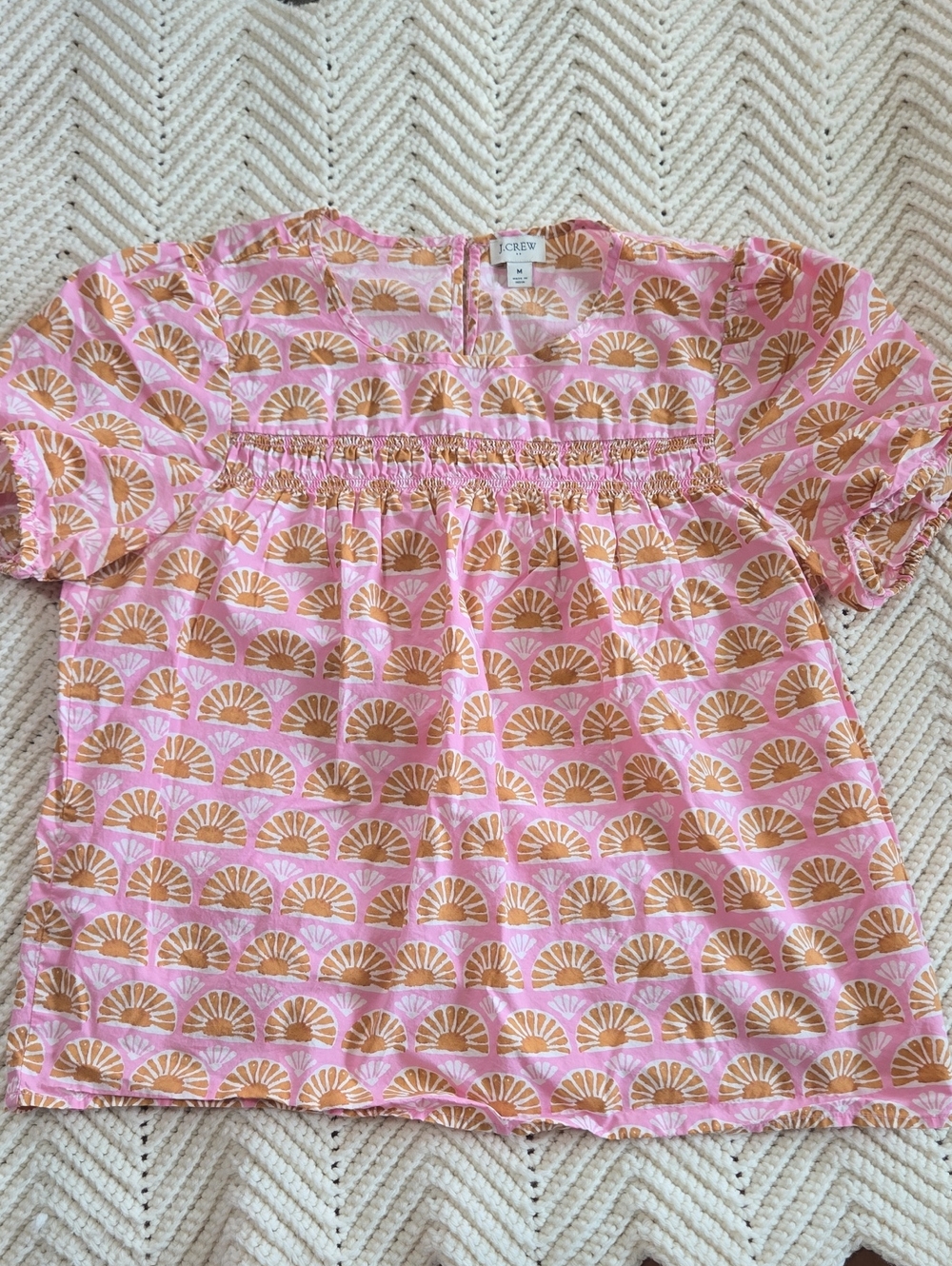 J. Crew Pink Short Sleeve Smocked Yoke Top with Battik Style Print